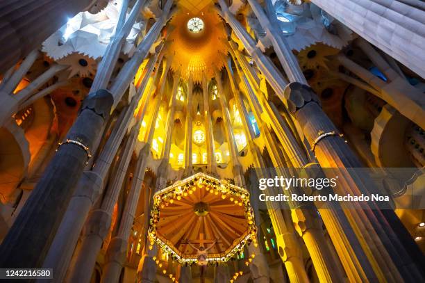 Interior stained glass and architecture in La Sagrada Familia which is a Unesco World Heritage Site.