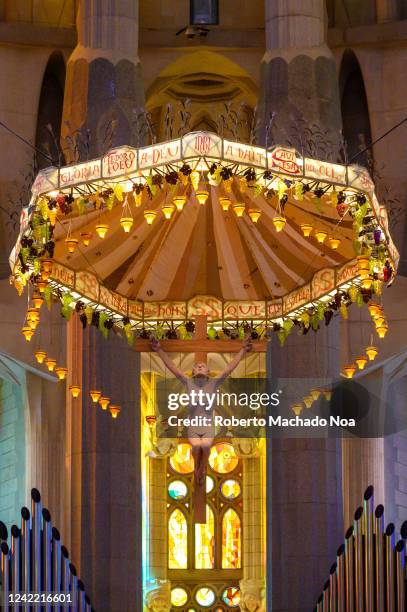 Interior stained glass and architecture in La Sagrada Familia which is a Unesco World Heritage Site.