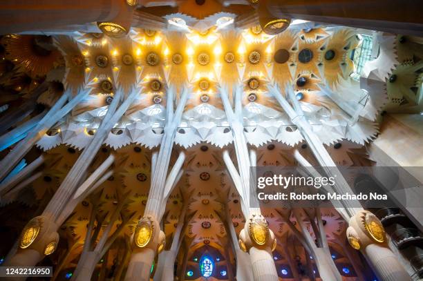 Interior stained glass and architecture in La Sagrada Familia which is a Unesco World Heritage Site.