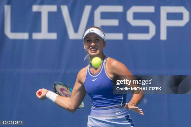 Russia's Anastasia Potapova returns a ball to Czech Republic's Marie Bouzkova during the Women's Single Final match at the Prague Open WTA 250 Tennis...