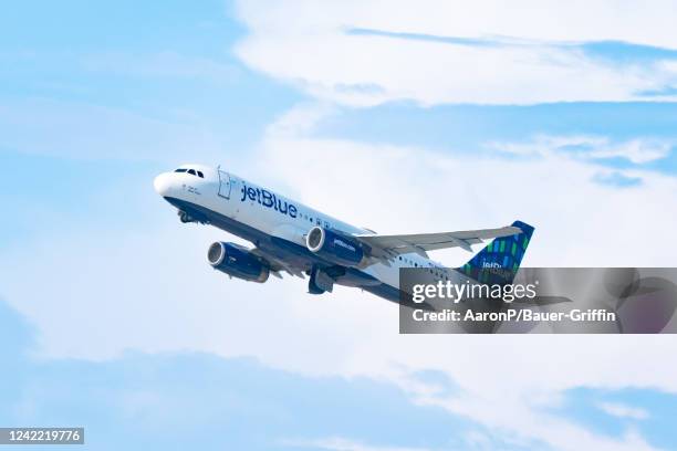 JetBlue Airways Airbus A320-232 takes off from Los Angeles international Airport on July 30, 2022 in Los Angeles, California.