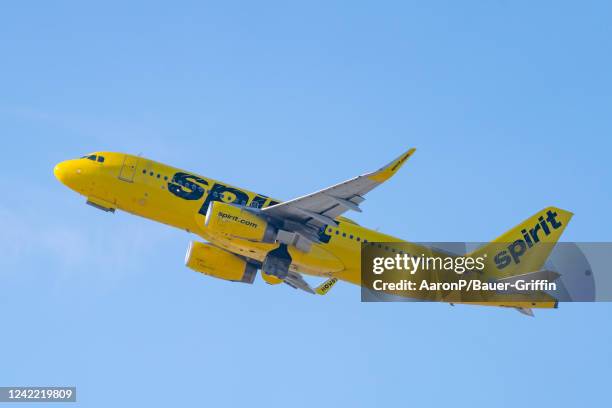 Spirit Airlines Airbus A320-232 takes off from Los Angeles international Airport on July 30, 2022 in Los Angeles, California.