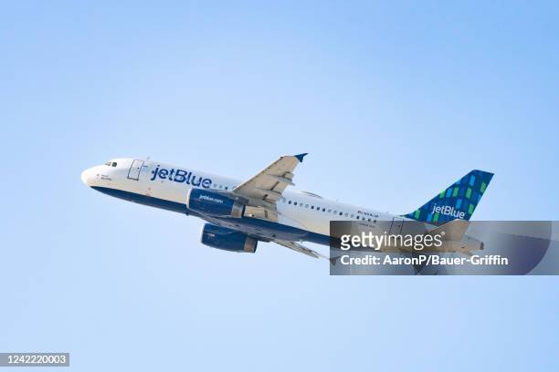 JetBlue Airways Airbus A320-232 takes off from Los Angeles international Airport on July 30, 2022 in Los Angeles, California.