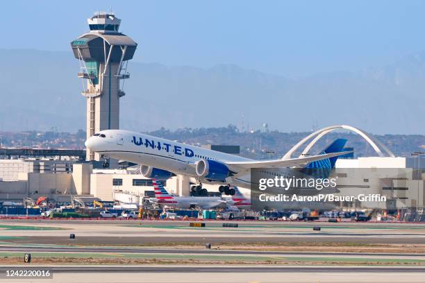 United Airlines Boeing 787-9 takes off from Los Angeles international Airport on July 30, 2022 in Los Angeles, California.