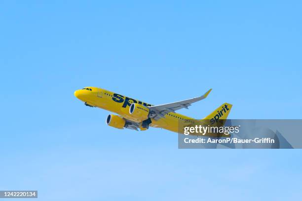 Spirit Airlines Airbus A320-271N takes off from Los Angeles international Airport on July 30, 2022 in Los Angeles, California.