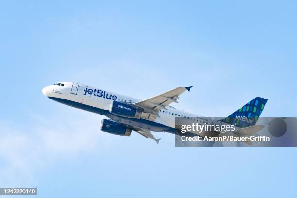 JetBlue Airways Airbus A320-232 takes off from Los Angeles international Airport on July 30, 2022 in Los Angeles, California.