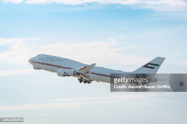 Dubai Air Wing / Royal Flight Boeing 747-400 takes off from Los Angeles international Airport on July 30, 2022 in Los Angeles, California.