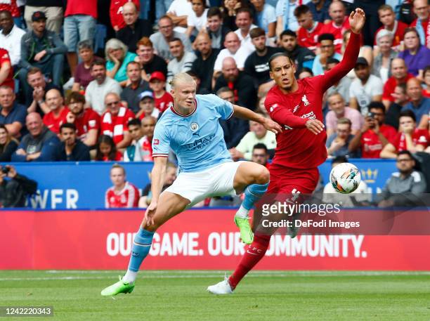 Leicester, United Kingdom Manchester City's Erling Haaland and Liverpool's Virgil van Dijk during The FA Community Shield match between Manchester...