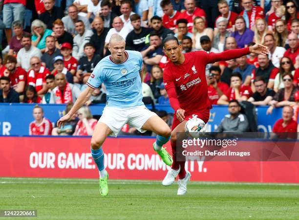 Leicester, United Kingdom Manchester City's Erling Haaland and Liverpool's Virgil van Dijk during The FA Community Shield match between Manchester...