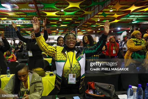 African National Congress delegates sing at the National Recreation Center in Johannesburg on July 31, 2022 following the conclusion of the party's...