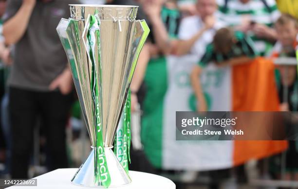 The SPFL trophy on display before the Cinch Scottish Premiership match between Celtic FC and Aberdeen FC at Celtic Park on July 31, 2022 in Glasgow,...