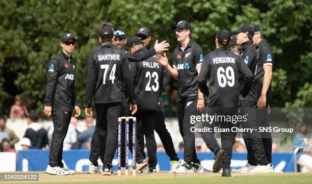 The New Zealand Blackcaps during Day Three International match between Scotland and New Zealand at The Grange, on July 31 in Edinburgh, Scotland.