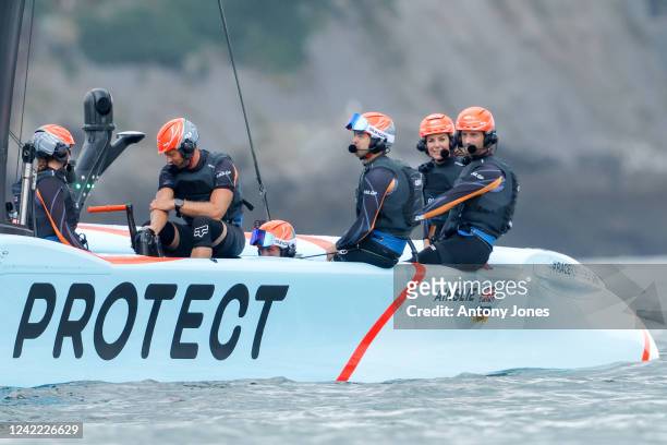 Catherine, Duchess of Cambridge, onboard Sir Ben Ainslies Great Britain SailGP F50 foiling catamaran as she takes part in a friendly 'Commonwealth...