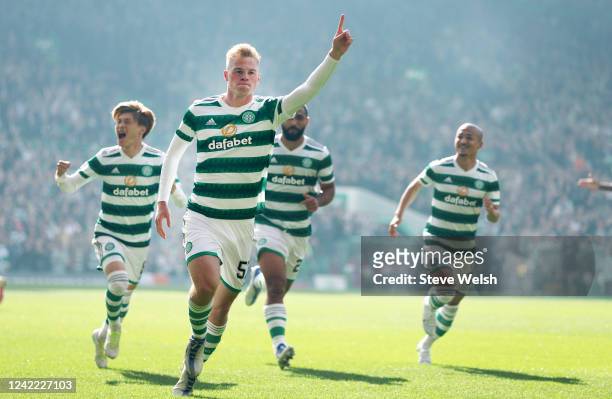 Stephen Welsh of Celtic celebrates the first goal during the Cinch Scottish Premiership match between Celtic FC and Aberdeen FC at Celtic Park on...