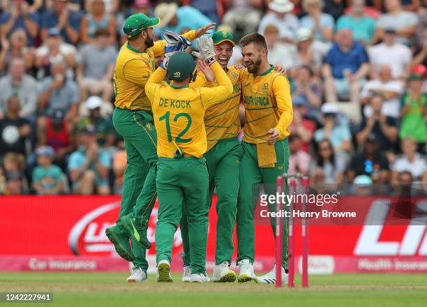 Tristan Stubbs of South Africa celebrates catching Moeen Ali of England during the 3rd Vitality IT20 match between England and South Africa at The...