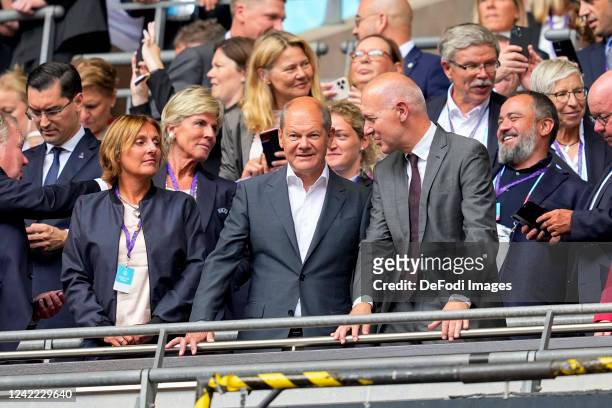Britta Ernst , her husband Olaf Scholz and Bernd Neuendorf prior to the UEFA Women's Euro England 2022 final match between England and Germany at...