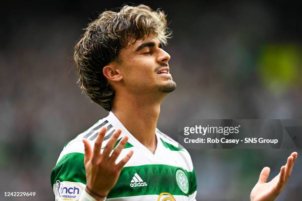 Jota celebrates making it 2-0 Celtic during a cinch Premiership match between Celtic and Aberdeen at Celtic Park, on July 31 in Glasgow, Scotland.