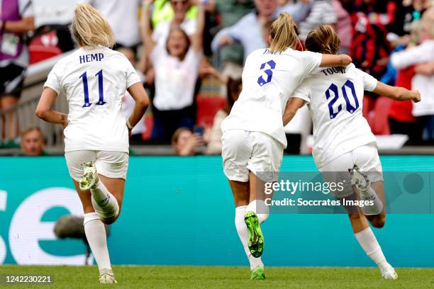 Lauren Hemp of England, Rachel Daly of England, Ella Toone of England celebrates 1-0 during the EURO Women match between England v Germany at the...