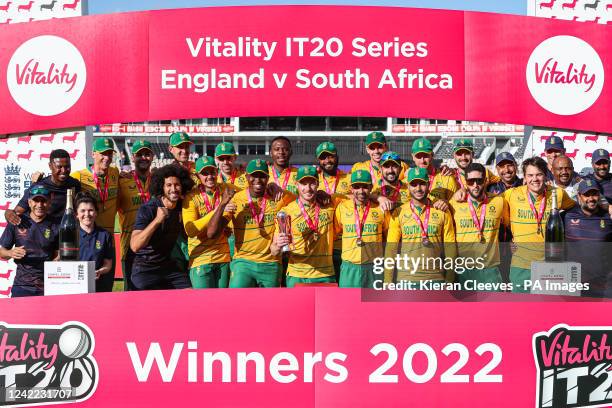 South Africa lift the trophy after winning the third Vitality IT20 match at the Ageas Bowl, Southampton. Picture date: Sunday July 31, 2022.