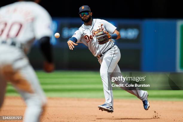 Willi Castro of the Detroit Tigers throws out Lourdes Gurriel Jr. #13 of the Toronto Blue Jays at first in the sixth inning of their MLB game at...