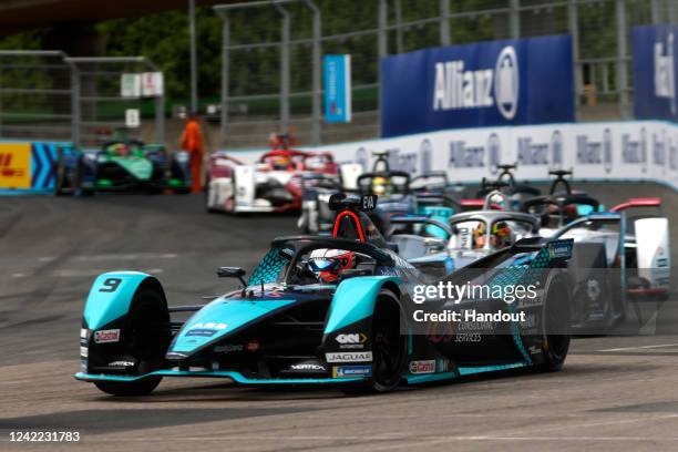 In this handout photo from Jaguar Racing, Mitch Evans , Jaguar TCS Racing, Jaguar I-TYPE 5, leads Stoffel Vandoorne , Mercedes Benz EQ, EQ Silver...