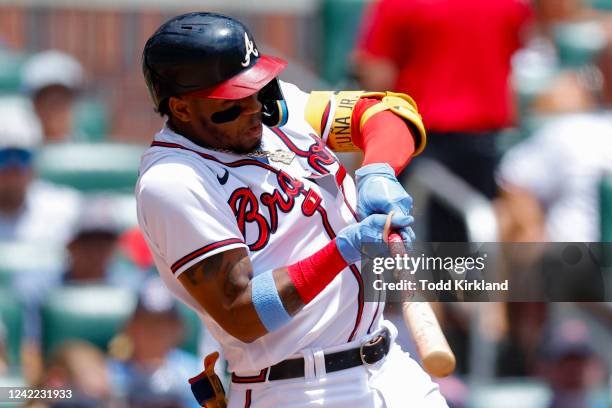 Ronald Acuna Jr. #13 of the Atlanta Braves bats during the first inning against the Arizona Diamondbacks at Truist Park on July 31, 2022 in Atlanta,...