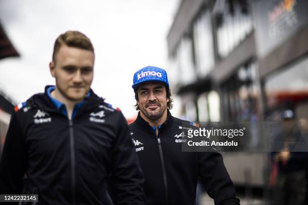 Fernando Alonso of Spain and Alpine F1 arrives to the drivers parade ahead of the F1 Grand Prix of Hungary at Hungaroring on July 31, 2022 in...