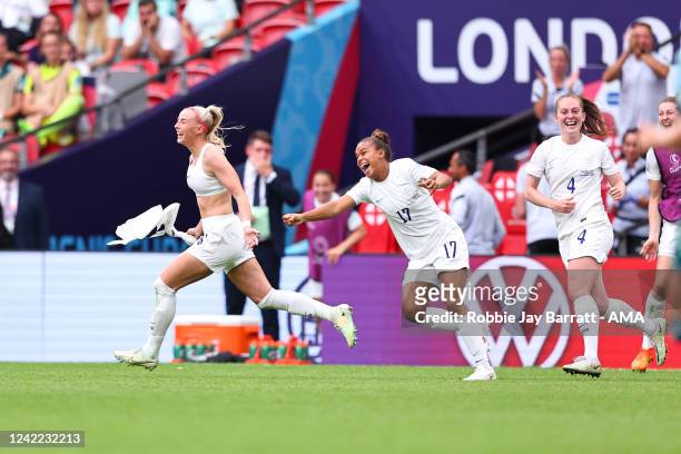 Chloe Kelly of England Women celebrates after scoring a goal to make it 2-1 during the UEFA Women's Euro England 2022 final match between England and...
