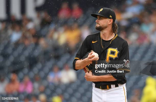 Brubaker of the Pittsburgh Pirates reacts after giving up an RBI single to Nick Castellanos of the Philadelphia Phillies in the first inning during...