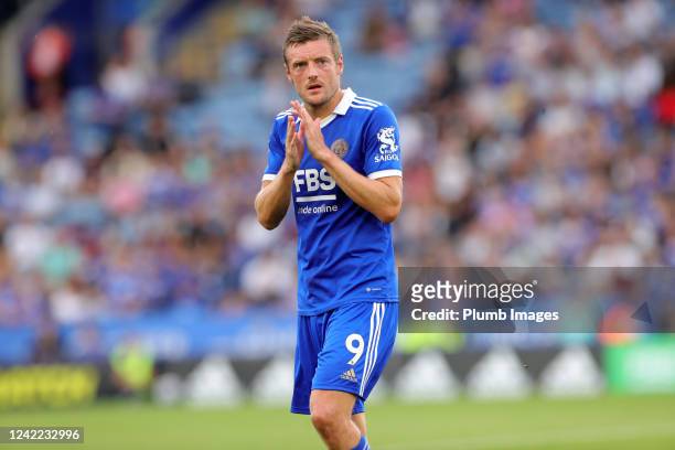 Jamie Vardy of Leicester City during the Pre-Season Friendly match between Leicester City and Sevilla at King Power Stadium on July 31, 2022 in...