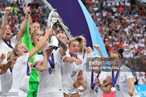 England's midfielder Leah Williamson and England's defender Millie Bright lift the trophy as England's players celebrate after their win in the UEFA...