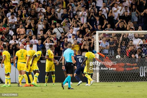 Paris Saint-Germain and FC Nantes players look at the ball as Jr Neymar scores second goal during the Champions Trophy at Bloomfield Stadium on July...