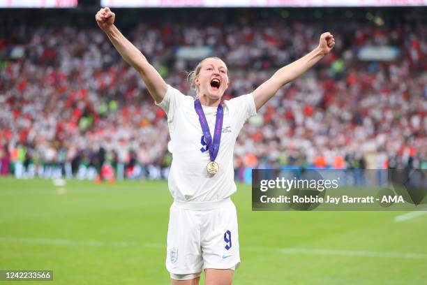 Ellen White of England Women celebrates winning the UEFA Womens Euro championship during the UEFA Women's Euro England 2022 final match between...