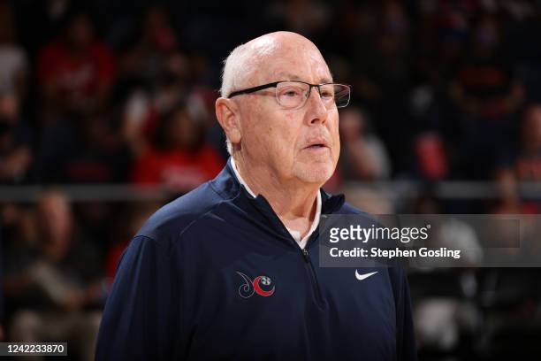 Head Coach Mike Thibault of the Washington Mystics looks on during the game against the Seattle Storm on July 31, 2022 at Entertainment & Sports...