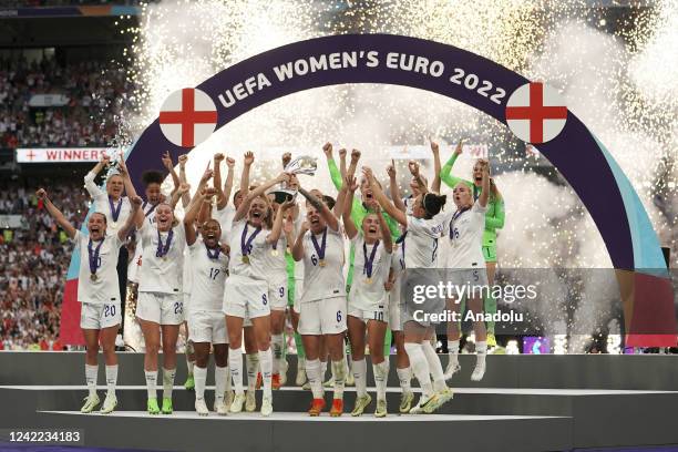 July:Leah Williamson of England lifts the trophy after winning with her team the UEFA Women's Euro 2022 final match between England and Germany at...