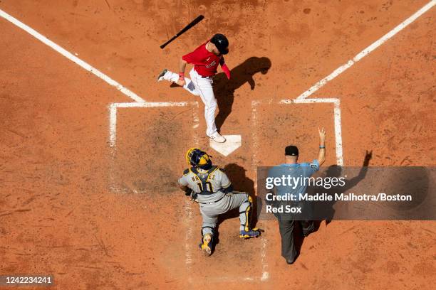 Christian Arroyo of the Boston Red Sox scores during the sixth inning of a game against the Milwaukee Brewers on July 31, 2022 at Fenway Park in...