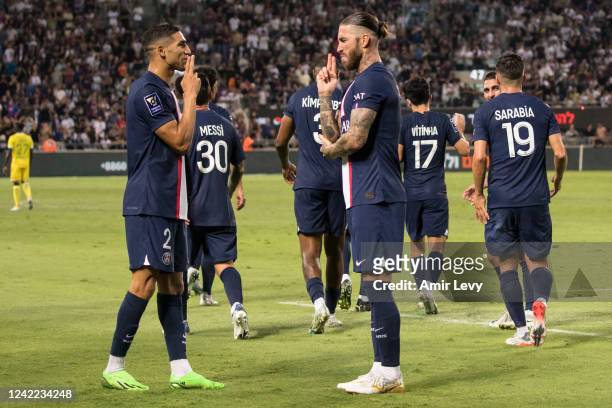 Paris Saint-Germain's Sergio Ramos and Persnel Kimpembe celebrate after scoring third goal during the Champions Trophy at Bloomfield Stadium on July...