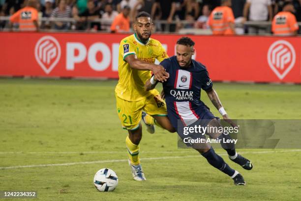 Paris Saint-Germain's Jr Neymar in action with Fc Nantes' Jean Charles Chirivella during the Champions Trophy at Bloomfield Stadium on July 31, 2022...
