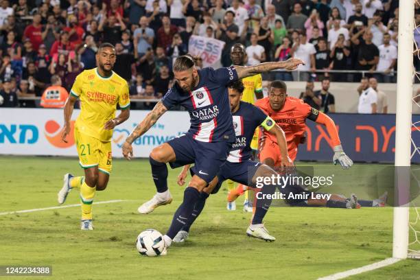 Paris Saint-Germain's Sergio Ramos scores the third goal during the Champions Trophy at Bloomfield Stadium on July 31, 2022 in Tel Aviv, Israel.