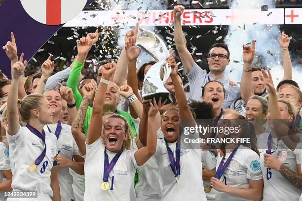 England's players celebrate with the trophy after their win in the UEFA Women's Euro 2022 final football match between England and Germany at the...