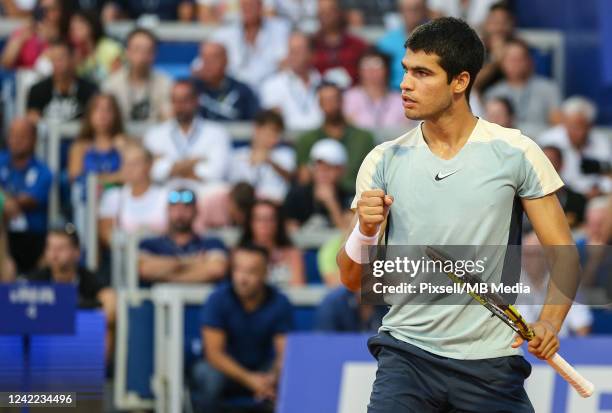 Carlos Alcaraz of Spain celebrates match point against Jannik Sinner of Italy during Mens Single final match on Day 8 of the 2022 Croatia Open Umag...