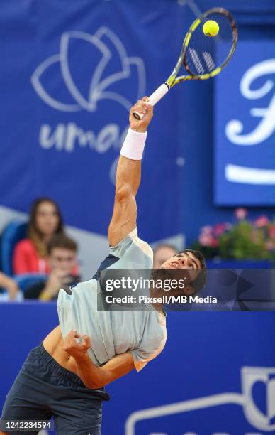 Carlos Alcaraz of Spain plays against Jannik Sinner of Italy during Mens Single final match on Day 8 of the 2022 Croatia Open Umag at Goran...