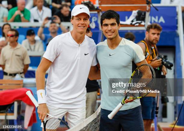 Jannik Sinner of Italy and Carlos Alcaraz of Spain pose together before the start Mens Single final match on Day 8 of the 2022 Croatia Open Umag at...