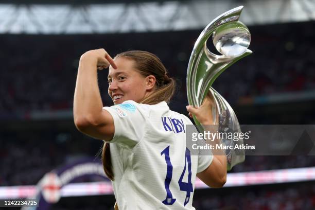 Fran Kirby of England celebrates with the trophy during the UEFA Women's Euro England 2022 final match between England and Germany at Wembley Stadium...