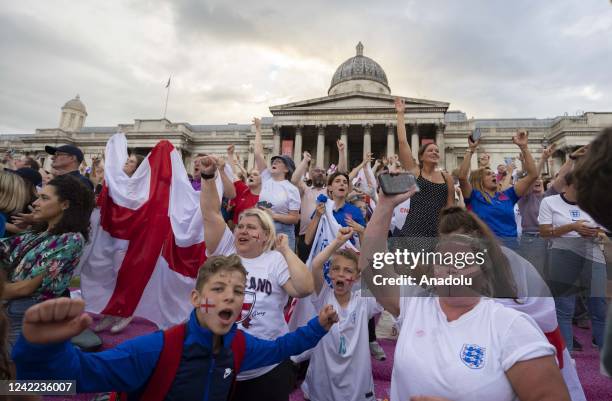 Fans of England gather at Trafalgar Square to celebrate their 2-1 victory over Germany in the UEFA Women's Euro 2022 final match, in London, United...