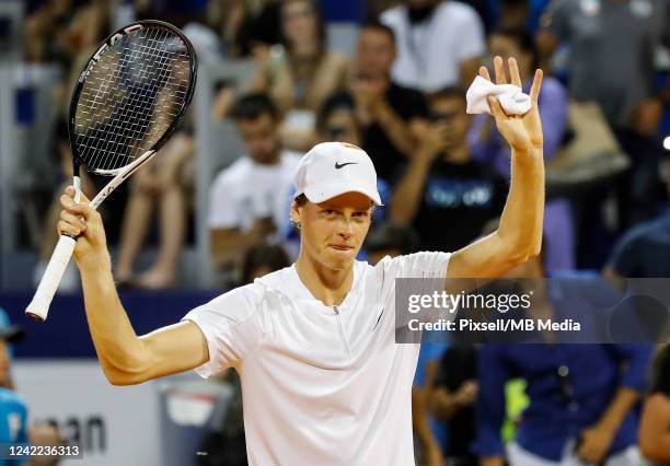 Jannik Sinner of Italy celebrates victory over Carlos Alcaraz of Spain during the men's singles final match on Day 8 of the 2022 Croatia Open Umag at...