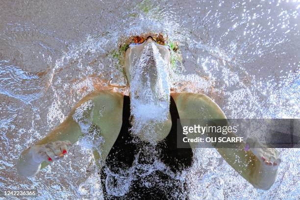 South Africa's Tatjana Schoenmaker competes in the medal presentation ceremony for the women's 200m breaststroke swimming final at the Sandwell...