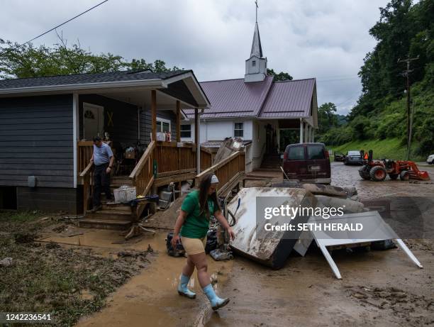 Local fire chief and his daughter drop off goods for a local community member in Jackson, Kentucky, on July 31, 2022. - Rescuers in Kentucky are...