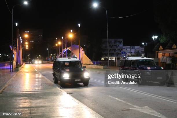 Gendarmeries and security forces block the road as security measures taken around the city while air raid sirens heard along near the Kosovo/Serbian...