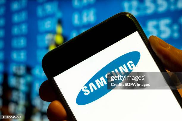 In this photo illustration, the South Korean multinational electronics conglomerate Samsung logo is displayed on a smartphone screen.